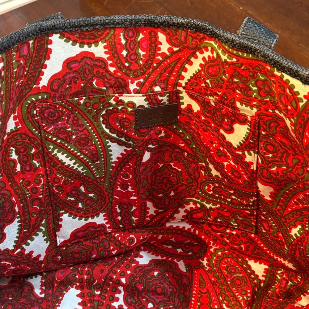 J. Crew‎ Reversible Red Paisley Cotton/Black Raffia Tote W Zip Pocket